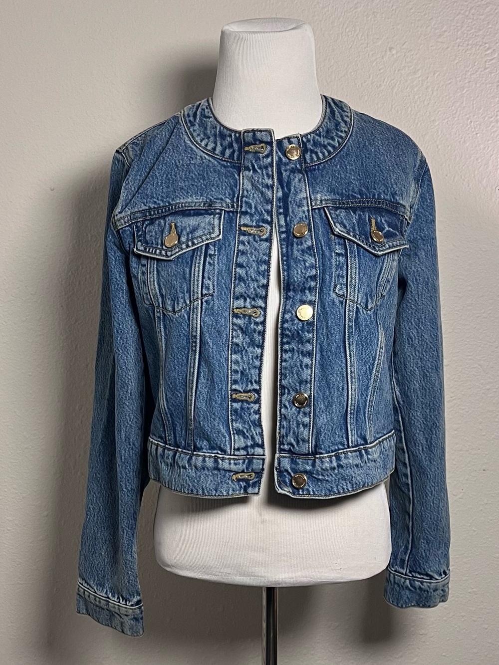 Michael Kors Medium Blue Collarless Denim Jacket with Gold Buttons